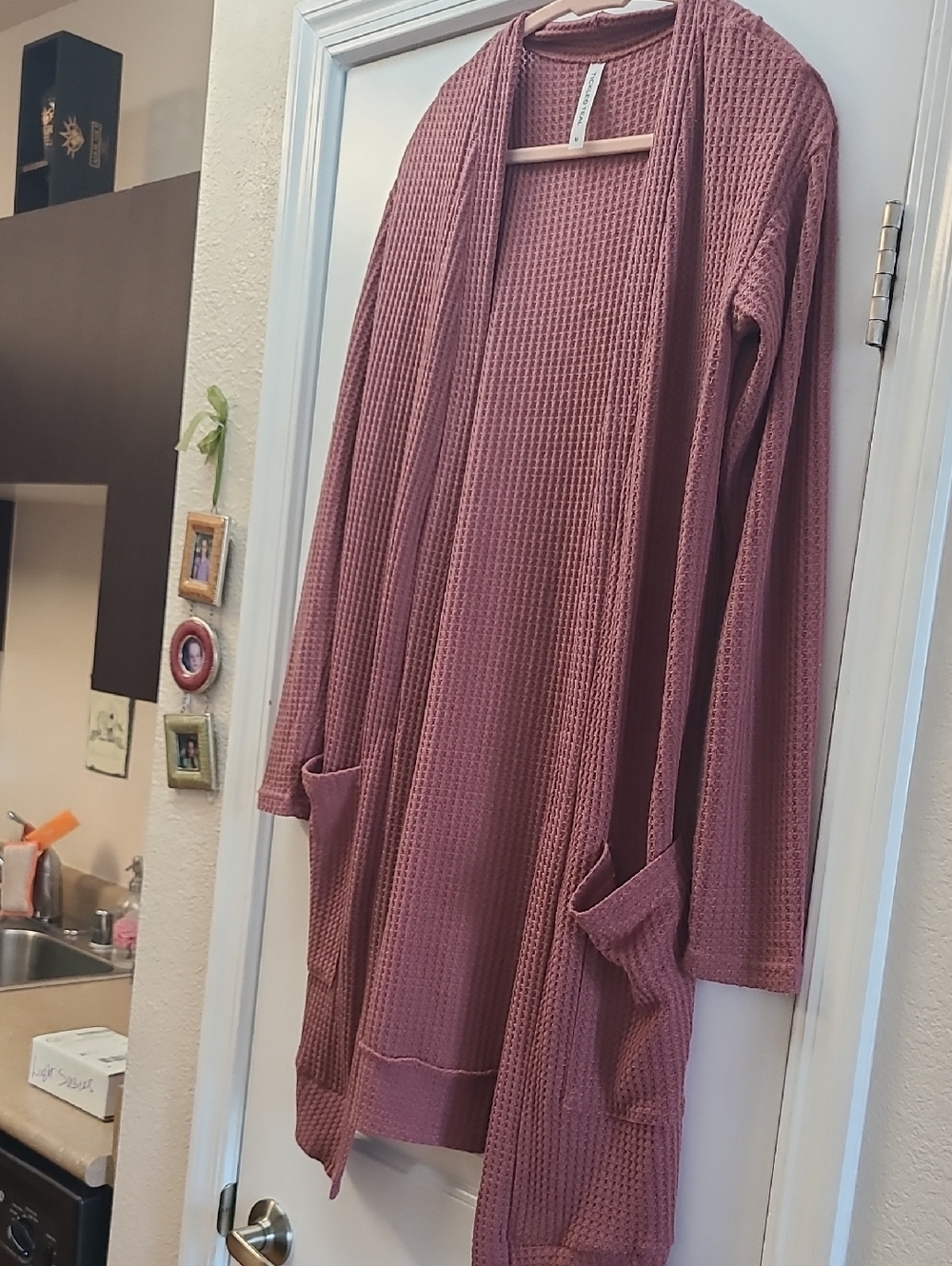 Waffle Knit Open Front Cardigan. Dusk Rose Color. Size M